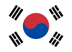 [ai] The national flag of South Korea, featuring a red and blue yin-yang symbol at the center, surrounded by four black trigrams at each corner, all set against a white background.